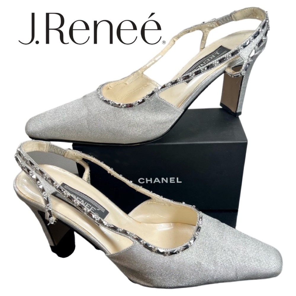 J. Renee Silver & Rhinestone Strap Back Size 9.5, 3” Heel